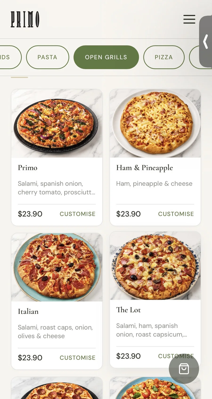 Mobile customer ordering menu for Caffe Primo Firle