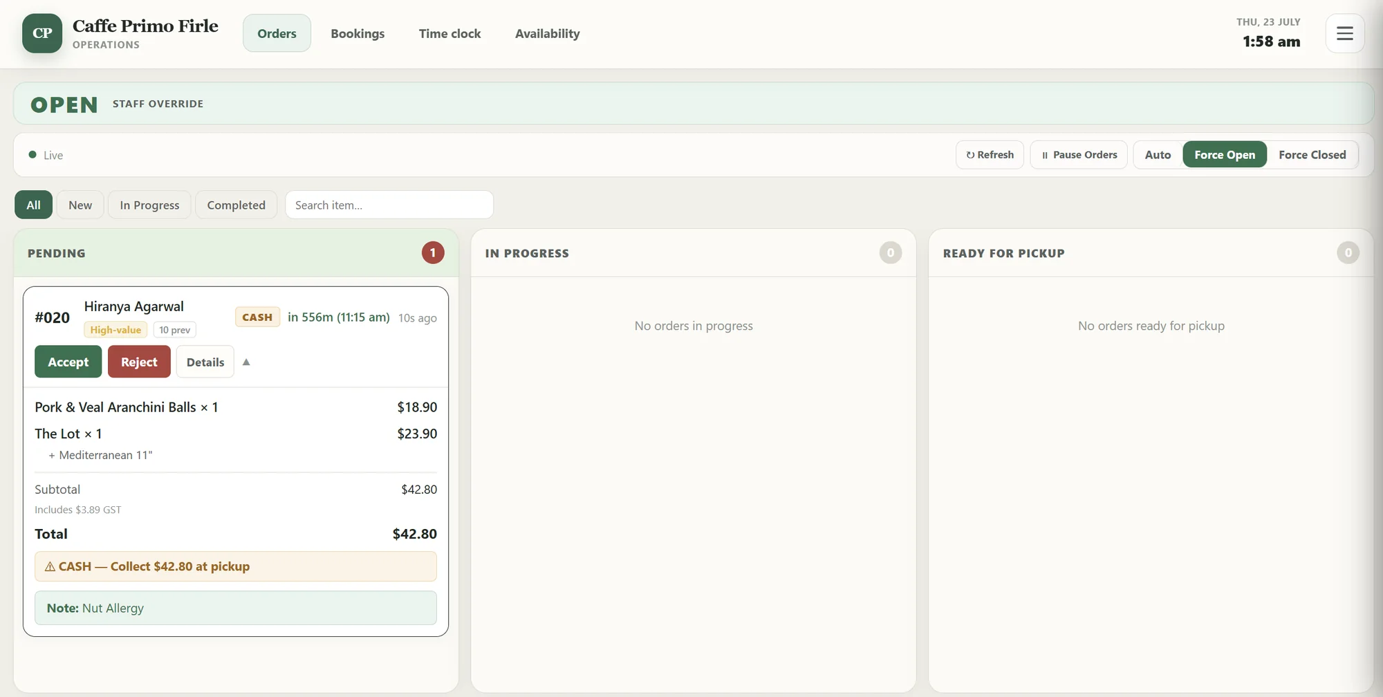 Staff order management screen for Caffe Primo Firle